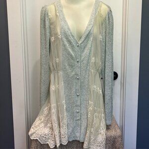A’REVE Women’s Cream Mint Linen Blend Button Down Long Lace Cardigan Size XL